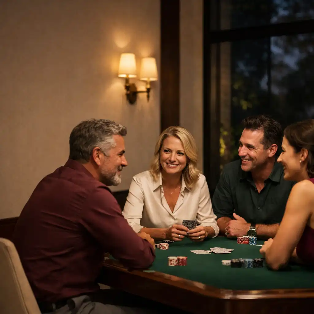 Vendégek beszélgetnek egy fizikai pokerasztal körül a Ligeti Szalon esti card lounge-ában.