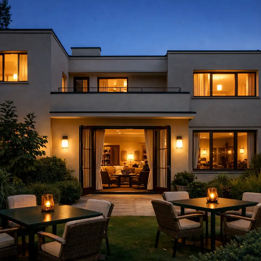 Alkonyati fényben látható modernista villa és kertszalon.