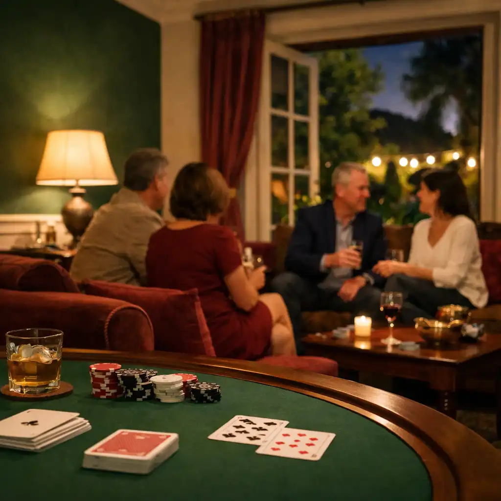 Beszélgető társaság egy card lounge-ban kártyaasztal közelében