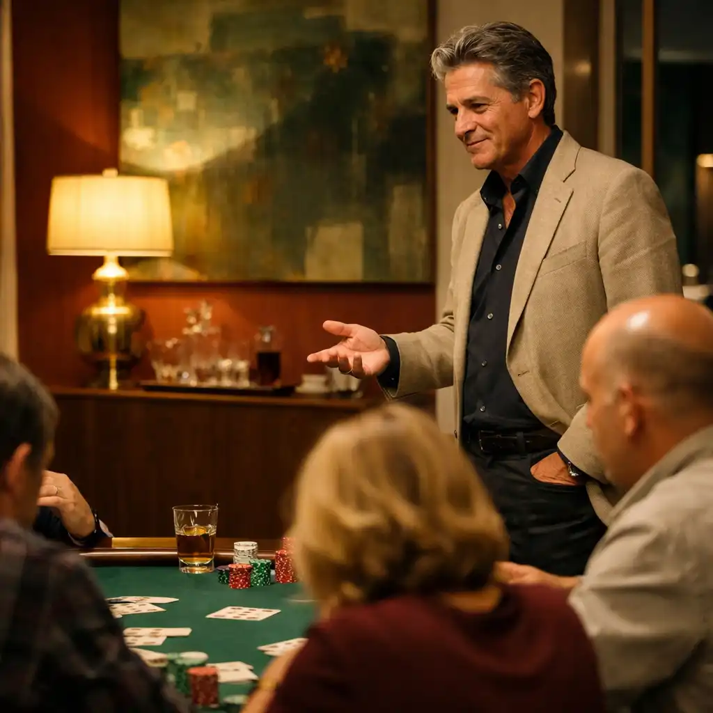 Házigazda figyel egy kis társaságra egy pokerasztal mellett