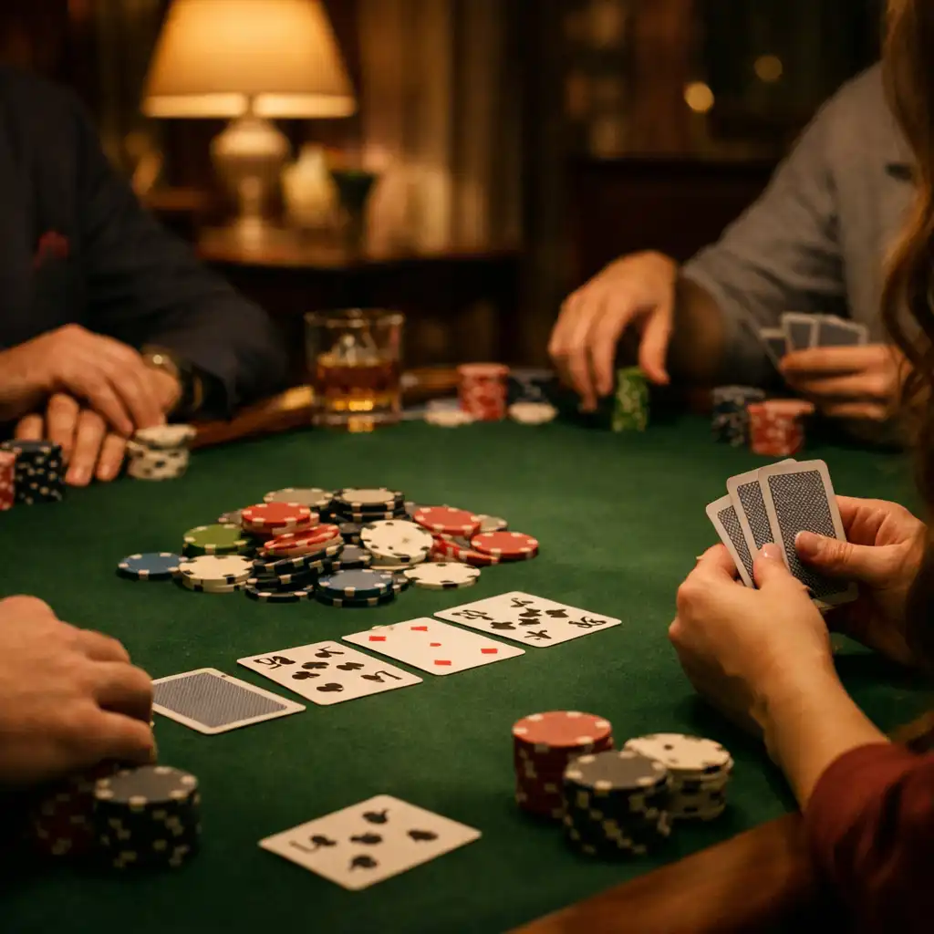 Fizikai pokerasztal valódi kártyákkal és játékosok kezeivel