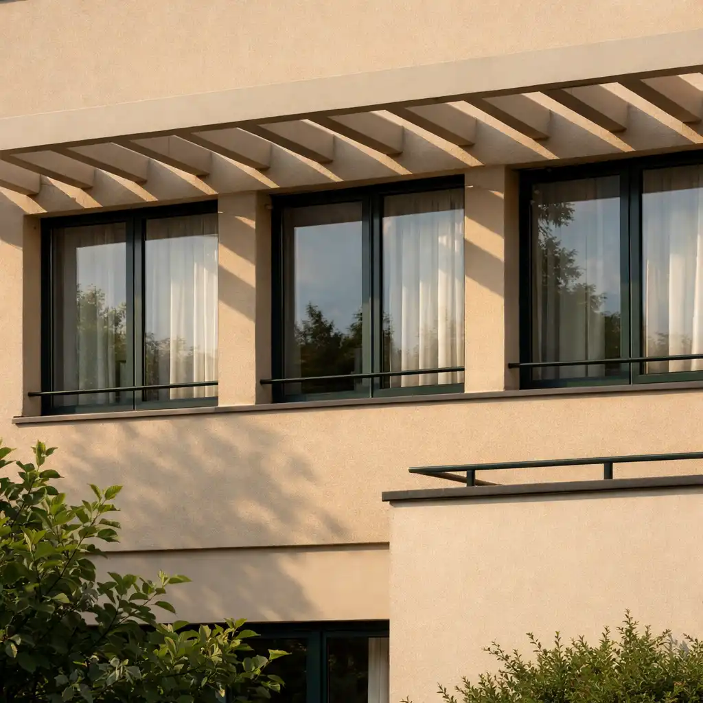 Modernista villa homlokzata szabályos ablakokkal és növényi előtérrel