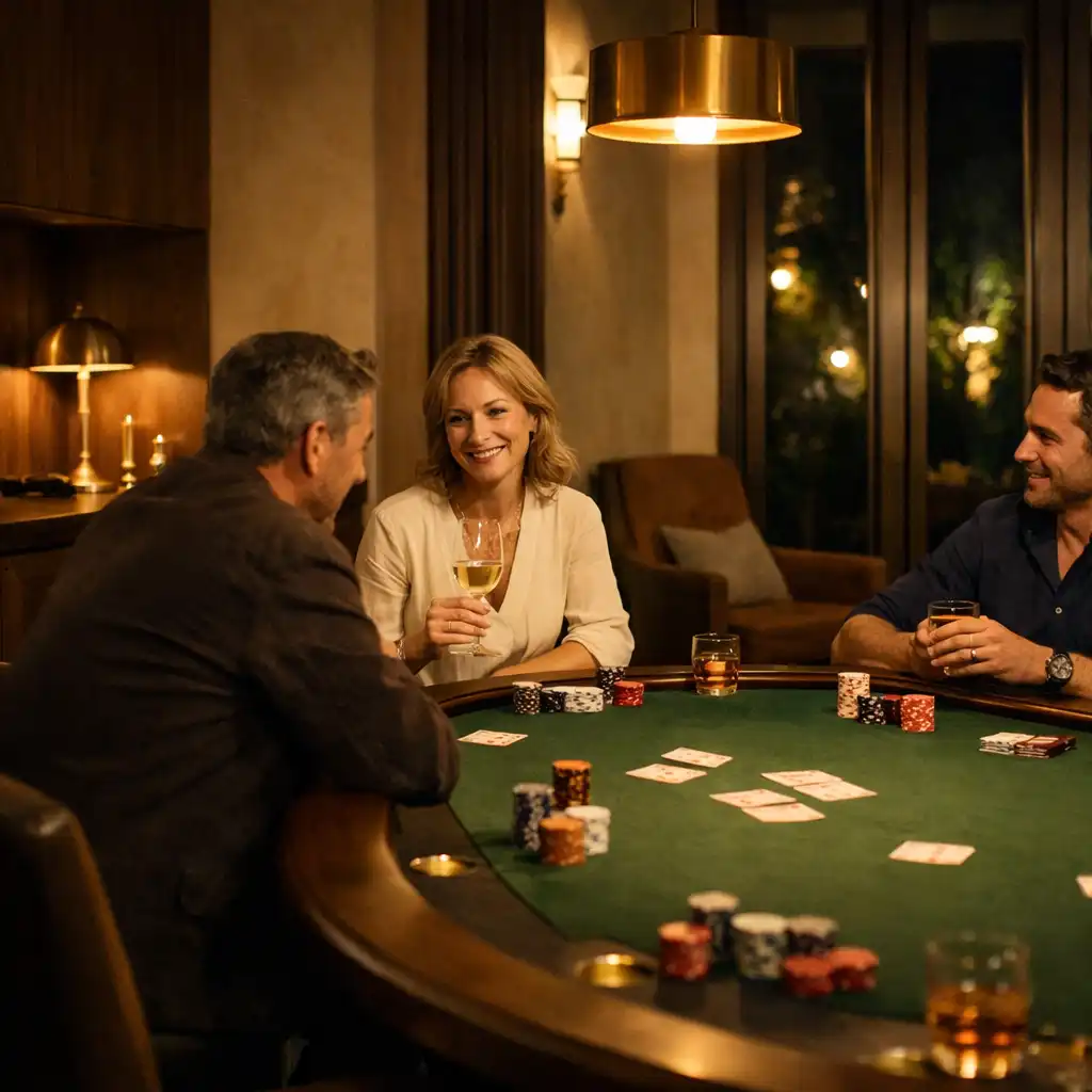Fizikai pokerasztal egy meleg fényű, modernista villa card roomjában.