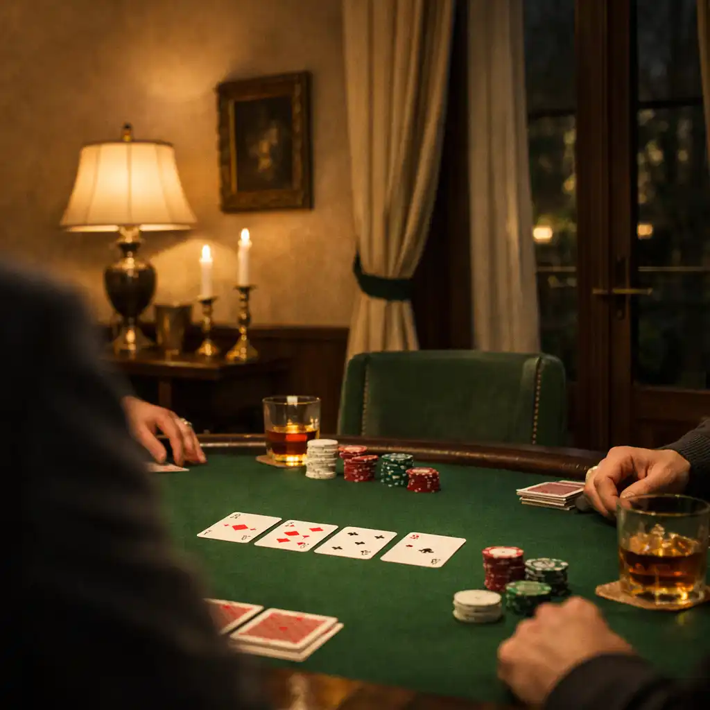 Előkészített fizikai pokerasztal meleg fényű, modernista villa szalonjában