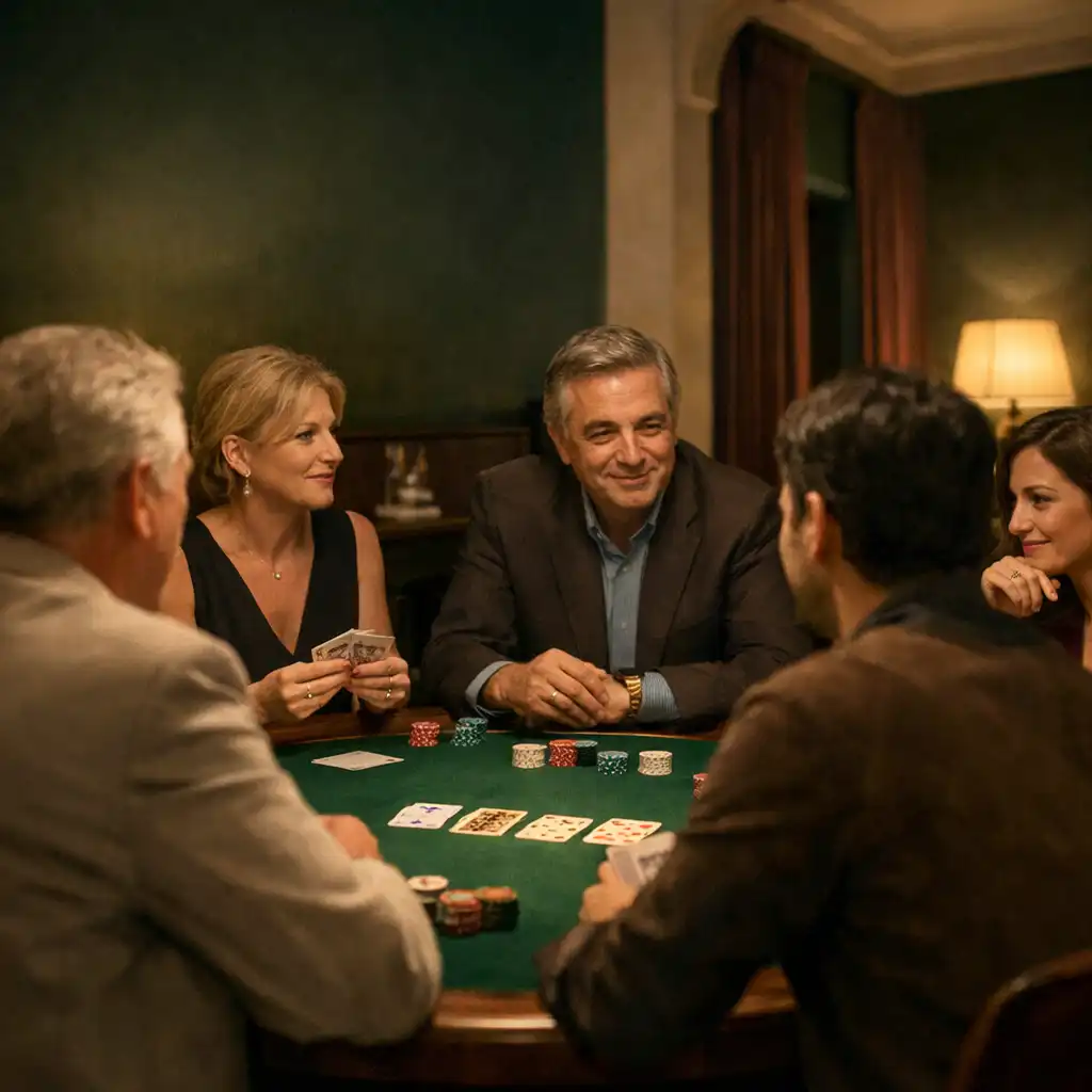 Személyes offline poker este fizikai zöld pokerasztal körül egy elegáns villabelsőben