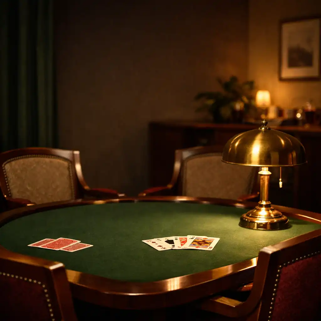 Zöld bársony fizikai pokerasztal réz lámpával egy esti szalonban