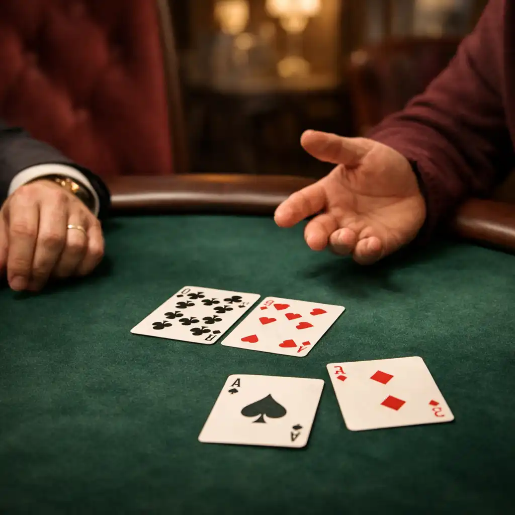 Közeli részlet egy zöld bársony fizikai pokerasztalról két vendég kezével.