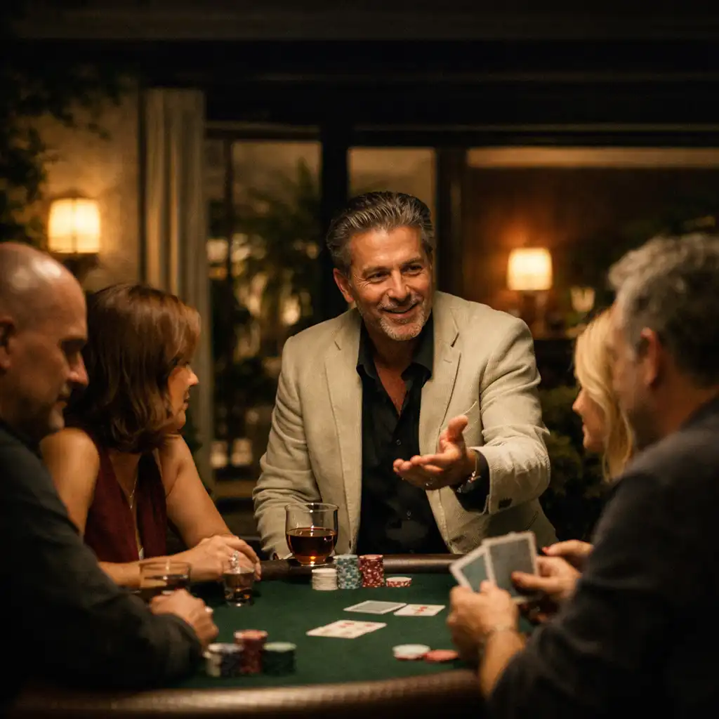 Személyes poker este fizikai asztalnál, meleg szalonfényben