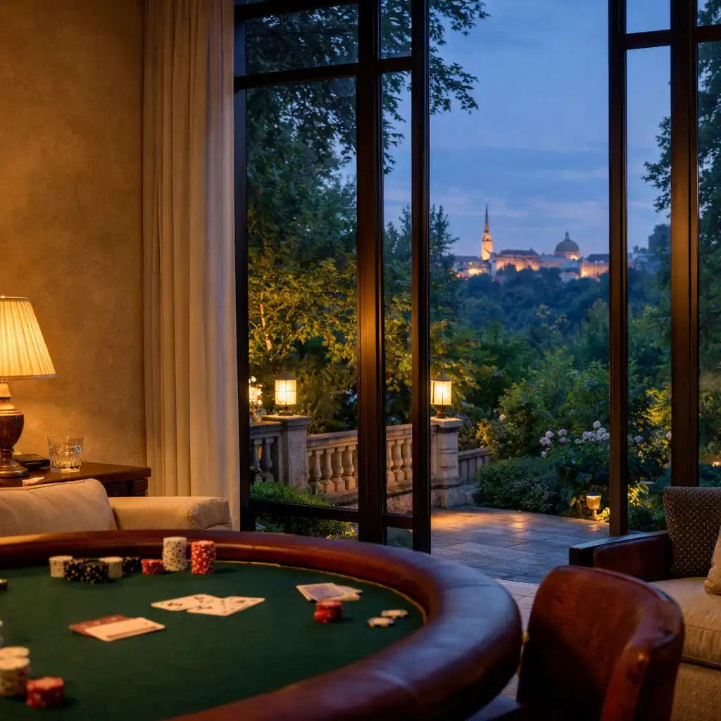 Modernista villa szalonja a kert felé néző ablakokkal és pokerasztallal
